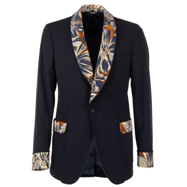 Virgin Wool Blend blazer with contrast floral jacquard details in blue and gold by DOLCE & GABBANA