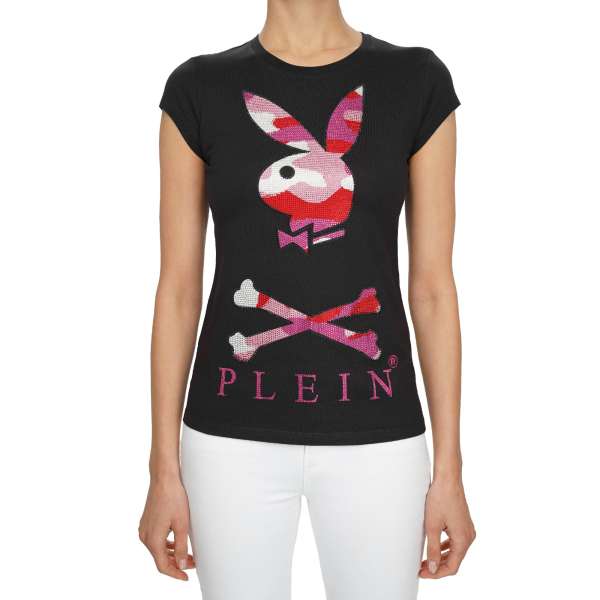 T-Shirt für Damen mit Playboy Plein Kristall Bunny Logo und PLEIN Schriftzug vorne und PLAYBOY X PLEIN Schriftzug hinten von PHILIPP PLEIN X PLAYBOY