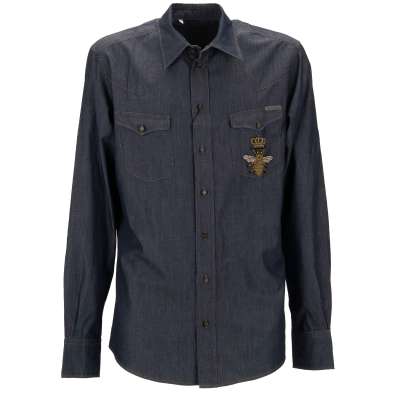 Denim Jeans Bee Crown Embroidery Shirt Blue 43 XL