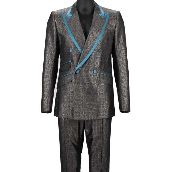 Metallic jacquard double-breasted suit with contrast peak lapel in silver, black and blue by DOLCE & GABBANA 