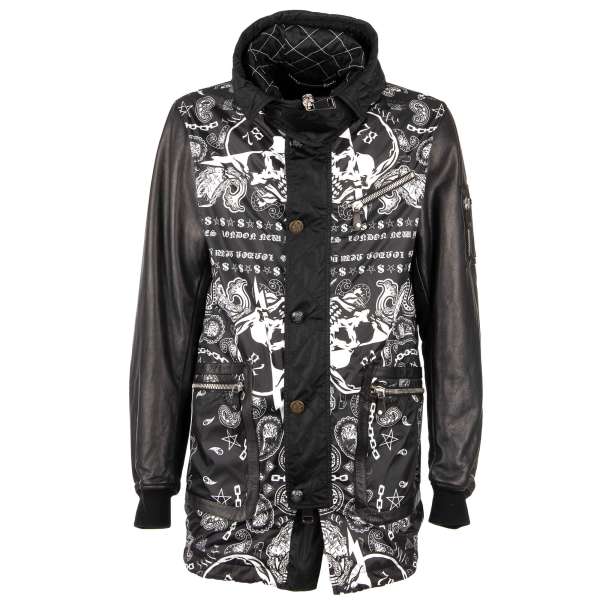 Hooded Parka Jacket / Coat ALASKA with leather sleeves, bandana print, zip pockets and logo plate by PHILIPP PLEIN