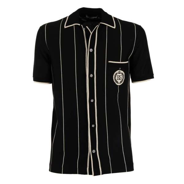Cotton and Silk Blend Polo Shirt with DG Crown Logo print and buttons in black and white by DOLCE & GABBANA