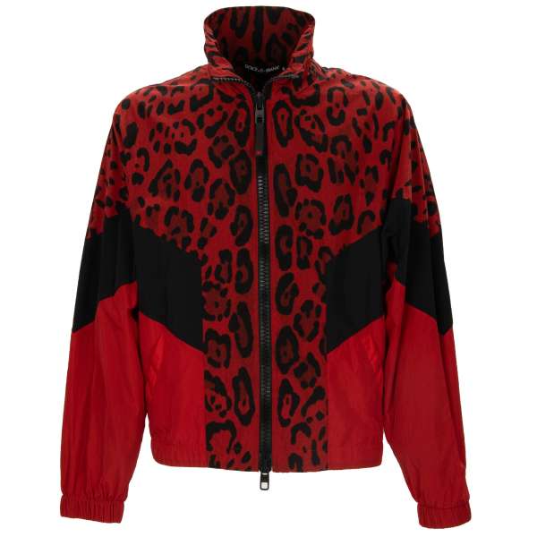 Leopard printed light bomber jacket made of nylon with DG embroidered Logo on the back in red and black by DOLCE & GABBANA