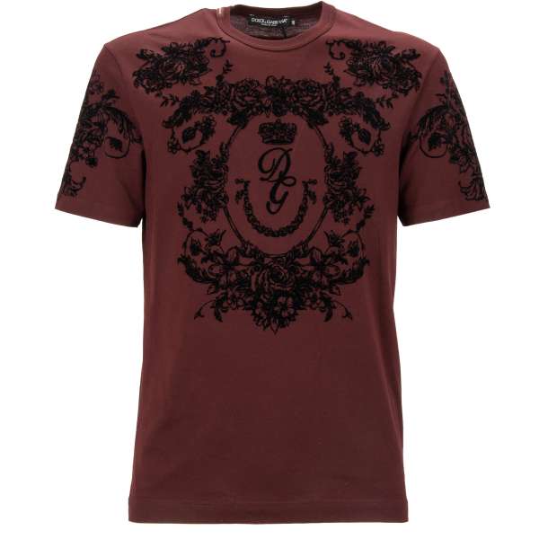 Cotton T-Shirt with Baroque Crown Logo Velvet Application in bordeaux and black by DOLCE & GABBANA