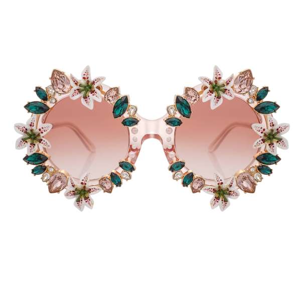 Limited Edition runde Oversize Sonnenbrille mit Lilien Blumen, Perlen und Kristallen von DOLCE & GABBANA