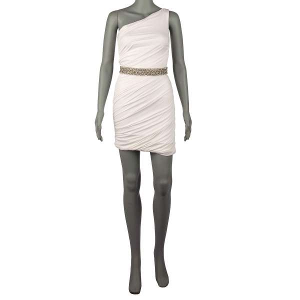 Kurzes und elastisches Mini Kleid mit Lining und mit Kristallen beschmücktem Gürtel in Weiß von ROBERTO CAVALLI