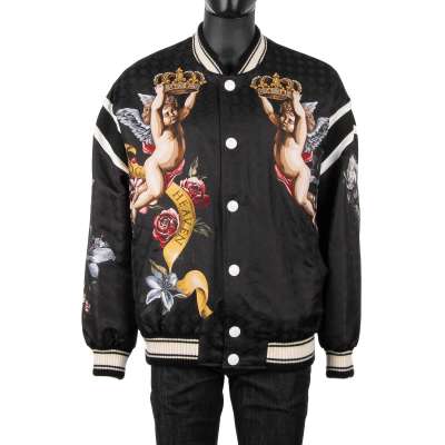 Baroque Printed Wide Cut Bomber Jacket with Angels and Flowers Print Black