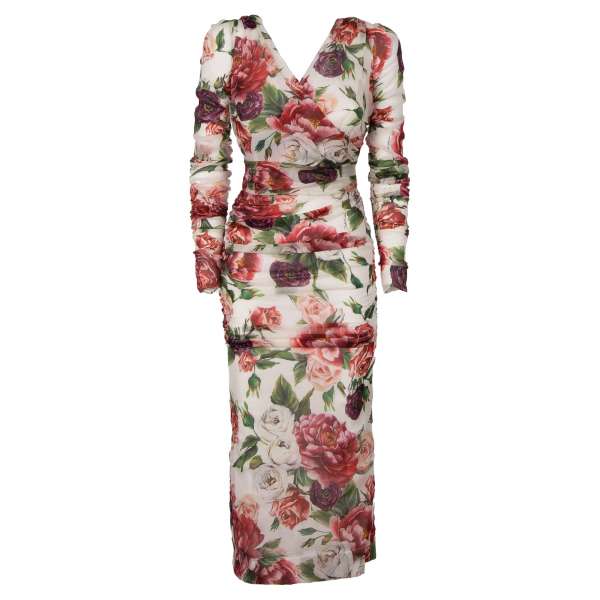 Peonie Fdo Panna long sleeves rushed stretch silk dress with peony and roses print in white and pink by DOLCE & GABBANA Black Label