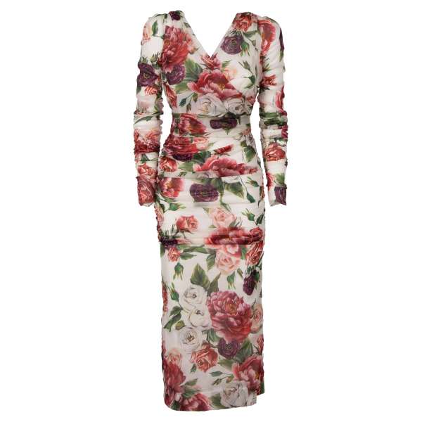 Peonie Fdo Panna drapiertes Langarm-Kleid aus Stretch-Seide mit Pfingstrosen und Rosen Print in Weiß und Pink von DOLCE & GABBANA Black Label