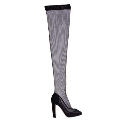 Transapent Lace Tulle Leather Pumps Boots Heels Black