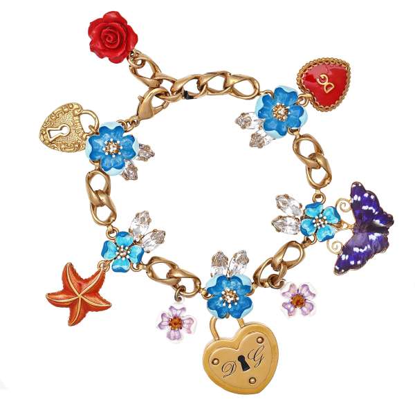 Bracelet embellished with hand painted flowers, butterfly, star, rose and heart elements in gold, red and blue by DOLCE & GABBANA