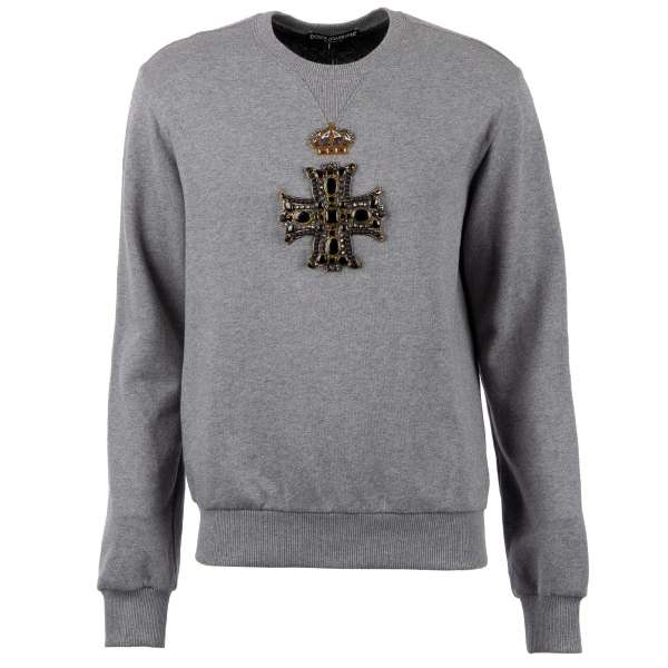 Sweatshirt / Pullover mit großem Kreuz aus Nieten, schwarzen Steinen und Strass und bestickter Krone von DOLCE & GABBANA