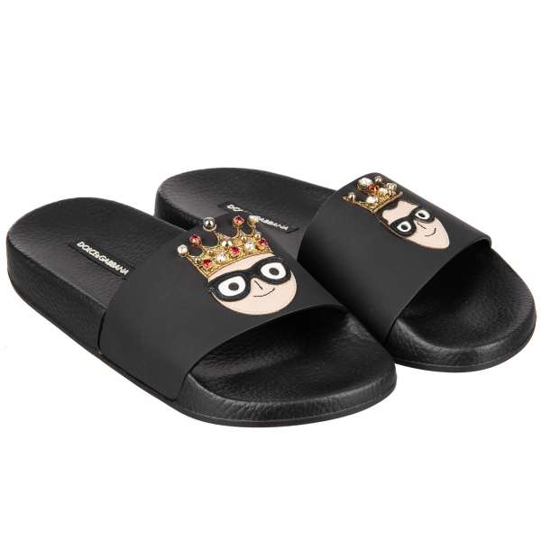 Beachwear Slide Leather Sandals with embroidered D.Dolce and S. Gabbana with Crystals Crowns by DOLCE & GABBANA