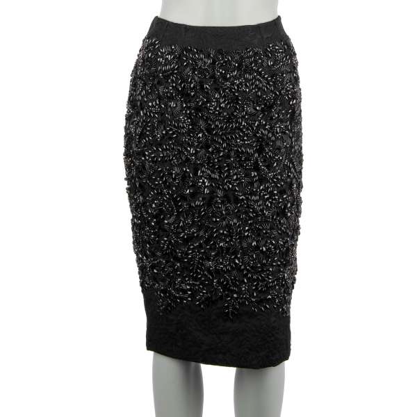 Brocade skirt with crystals and pearls embroidery in black by DOLCE & GABBANA