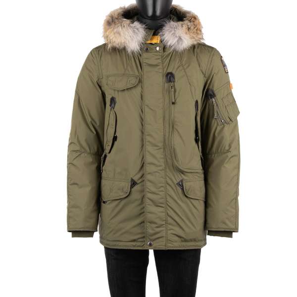 Parka / Daunenjacke RIGHT HAND LIGHT aus leichtem Polyester-Polyurethan-Popeline mit abnehmbarem Echtpelzbesatz, Kapuze, vielen Taschen und Daunenfutter in Military Khaki