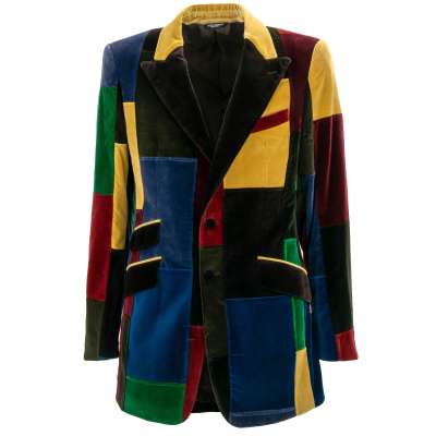 Long Patchwork Velvet Blazer Jacket Yellow Black Blue 48 M