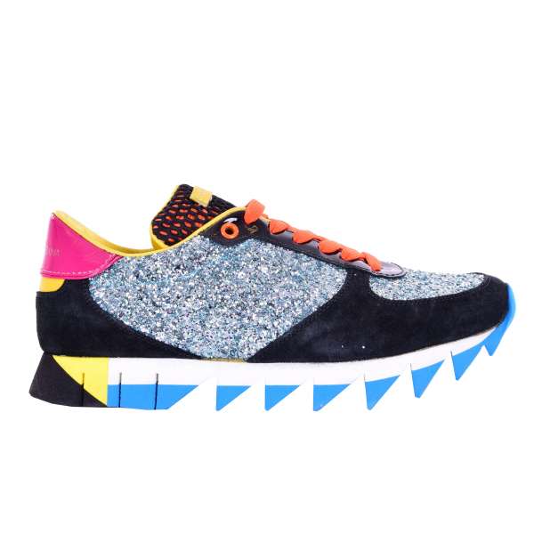 Damen Lack- und Wildleder Sneakers SORRENTO mit Glitter in blau, schwarz, orange und gelb von DOLCE & GABBANA Black Label