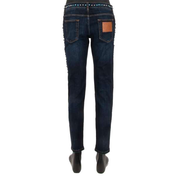 5-pockets Jeans SKINNY with DG logo leather patch and pearls decorations in blue by DOLCE & GABBANA