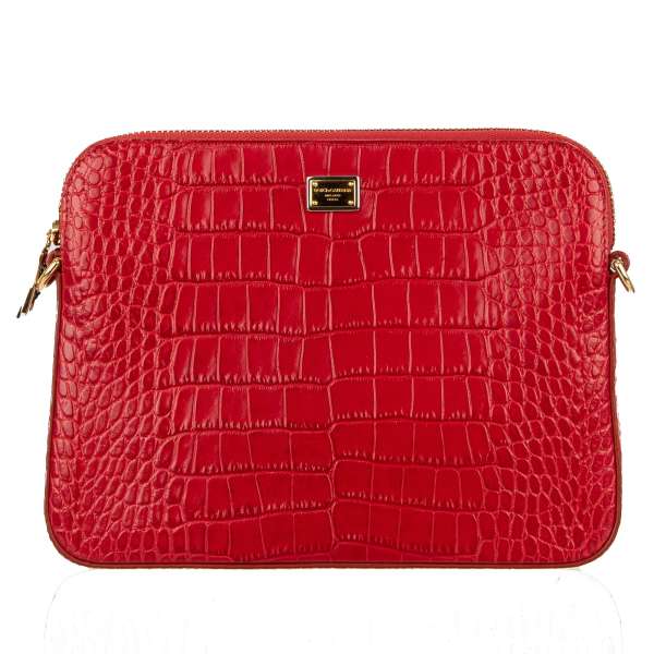Crocodile textured clutch / shoulder bag CLEO made of Leather with detachable chain strap, handle and logo plate by DOLCE & GABBANA