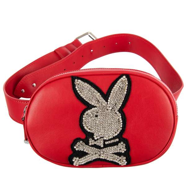 Gürteltasche / Pouch aus Leder, mit verstellbarem Gurt, großem Plein Bunny Logo aus Strass und Logo Schild aus Metall von PHILIPP PLEIN X PLAYBOY