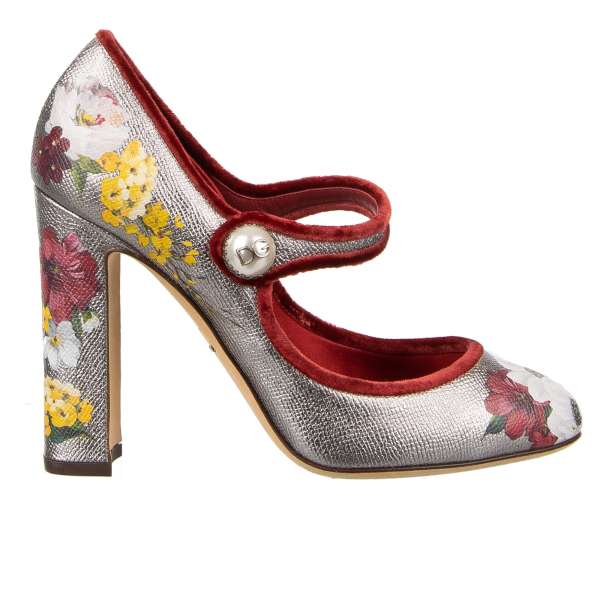 Dauphine leather Mary Jane Pumps VALLY with elastic pearl button closure and floral print in silver and red by DOLCE & GABBANA