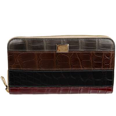 Striped Patchwork Crocodile Leather Zip-Around Wallet Black Gray Brown