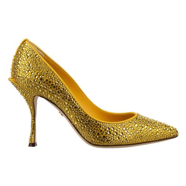Pointed Decollete Silk and Leather Pumps LORI in yellow covered with crystals by DOLCE & GABBANA