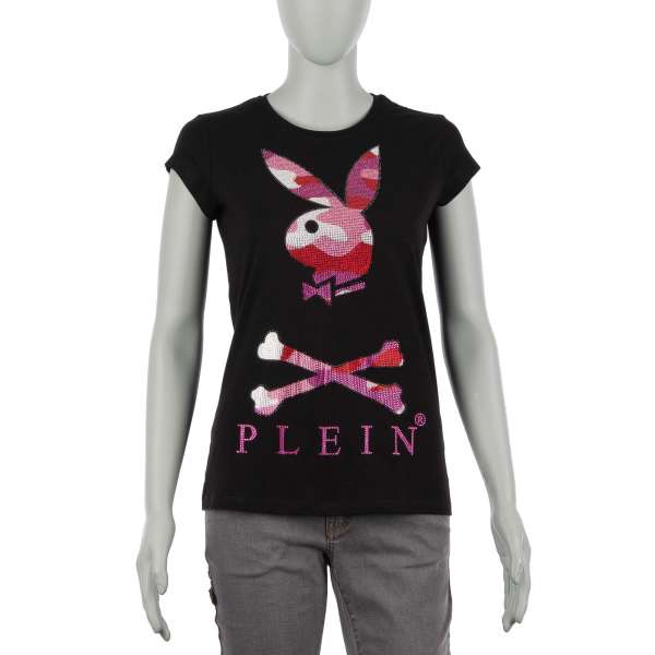 T-Shirt für Damen mit Playboy Plein Bunny Logo und PLEIN Schriftzug aus Strass vorne und PLAYBOY X PLEIN Schriftzug hinten von PHILIPP PLEIN X PLAYBOY