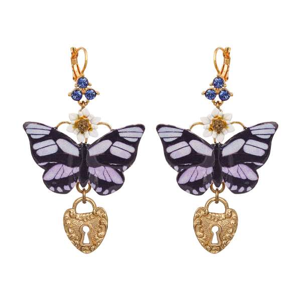 Butterfly, flower and heart locket Earrings adorned with crystals in gold and purple by DOLCE & GABBANA