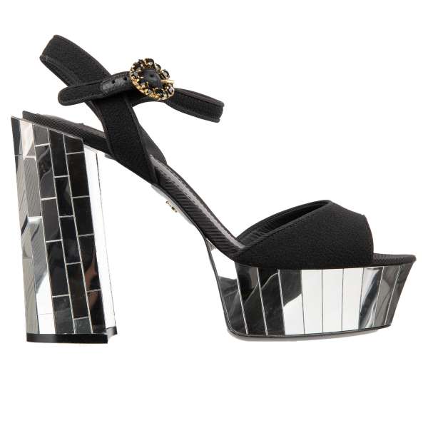 Disco mirror ball heel Leather and Fabric Platform Sandals KEIRA with crystals buckle in silver and black by DOLCE & GABBANA