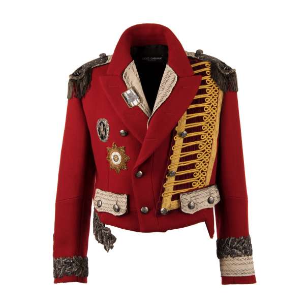 Royal Military Uniform Jacke aus Schurwolle mit Handstickerei aus Metalfasern, Perlen Orden und Metalknöpfen in königlichen Stil von DOLCE & GABBANA Black Label