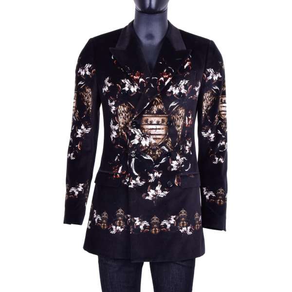 Double Breasted long flowers and heraldry printed velvet blazer by DOLCE & GABBANA Black Label