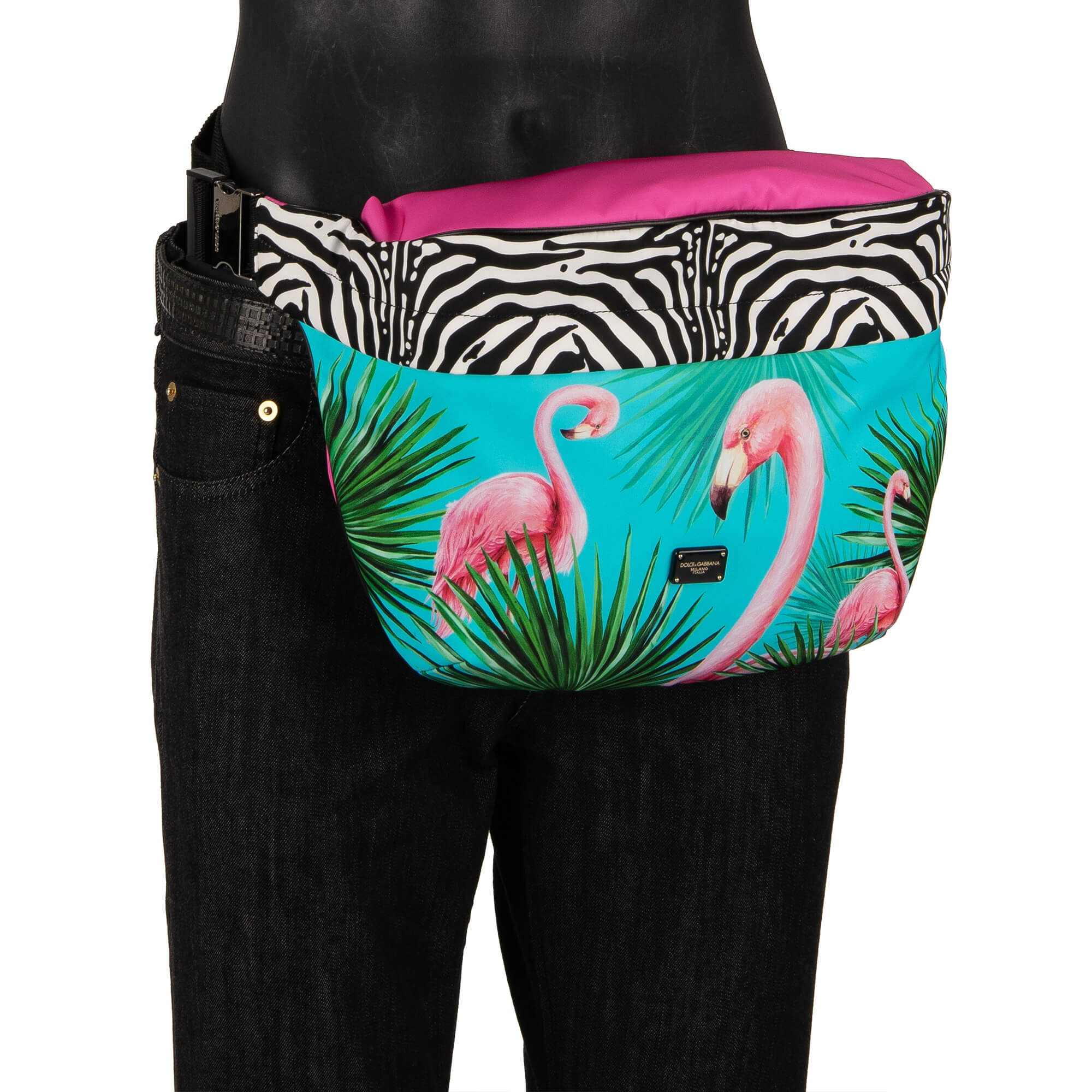 Dolce & Gabbana DJ Khaled Unisex Flamingo Zebra Printed Nylon Clutch Bag  Blue Pink