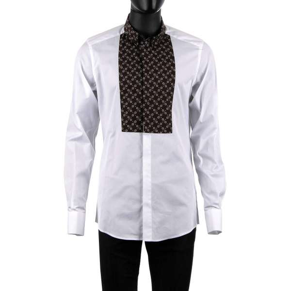 Tuxedo Shirt with short button-down collar, hidden button closure and soft contrast placket with floral print by DOLCE & GABBANA Black Label - GOLD Line