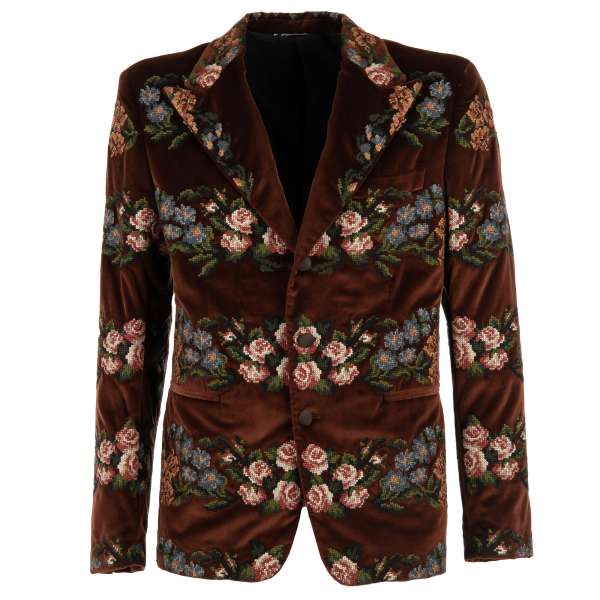 Velvet blazer with peak lapel and hand-embroidered flowers in brown by DOLCE & GABBANA