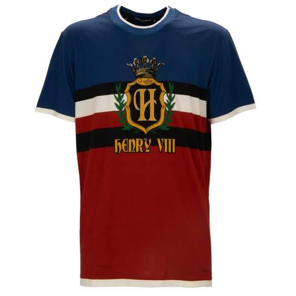 Cotton T-Shirt with Royal Crown Henry VIII motive in blue and red by DOLCE & GABBANA