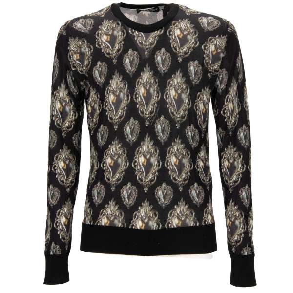 Seide Slim Fit Sweater mit Herzen Print in Gold und Schwarz von DOLCE & GABBANA 