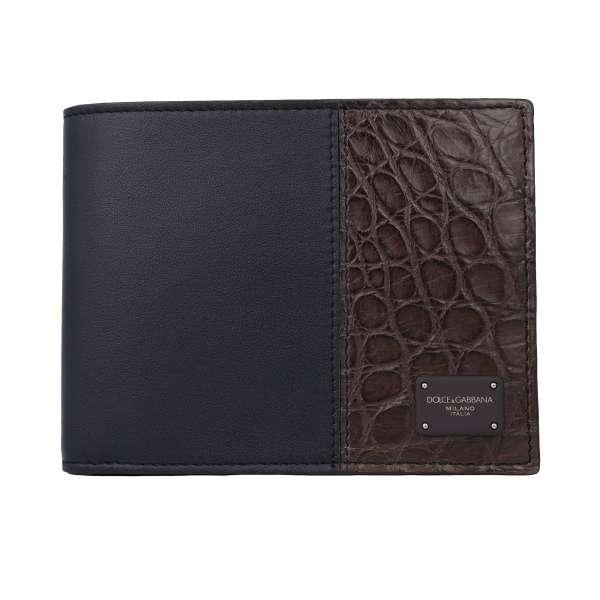 Crocodile and calf leather wallet with DG metal logo plate in black and brown by DOLCE & GABBANA