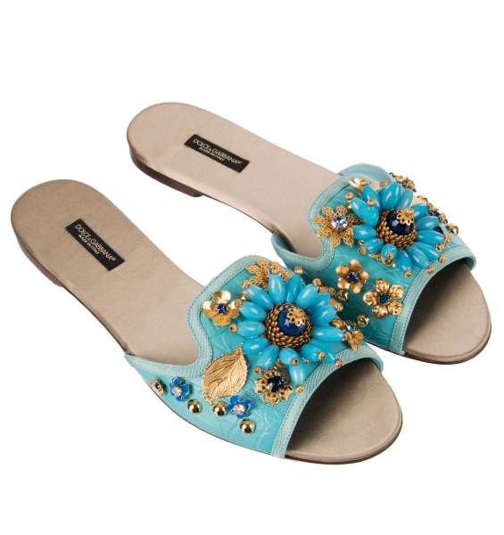 Dolce & Gabbana Jeweled Caiman Leather Sandals BIANCA with Crystals Blue |  FASHION ROOMS