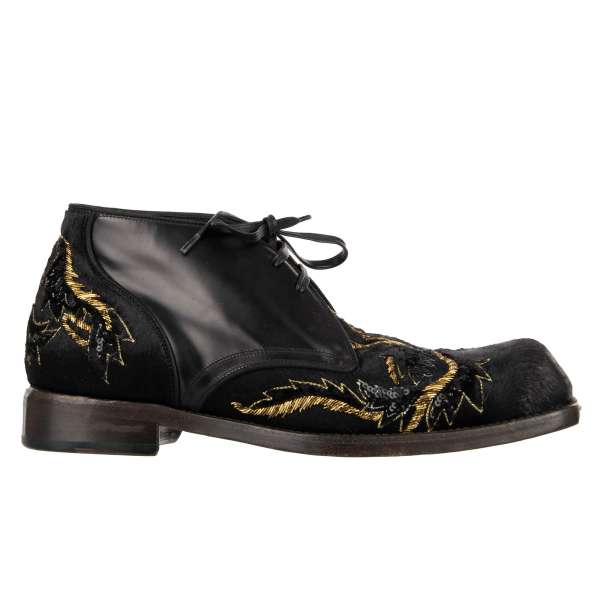 Baroque Ankle Boots Shoes SIRACUSA made of horse leather and fur with goldwork and sequins embroidery in black by DOLCE & GABBANA