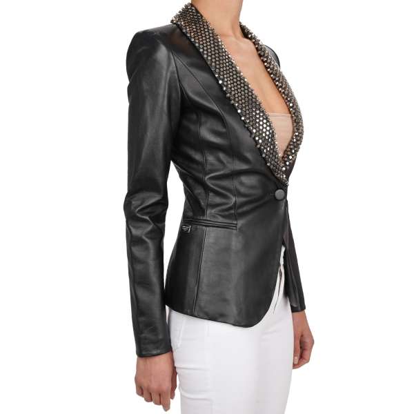 SITUATION Leather Jacket / Blazer with studded collar in silver and black by PHILIPP PLEIN COUTURE
