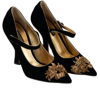 Baroque Velvet Goldwork Flower Heels Pumps Black 36 US 6