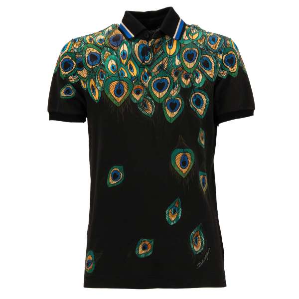 Polo Shirt aus Baumwolle mit Pfau Federn Print in Schwarz und Grün von DOLCE & GABBANA