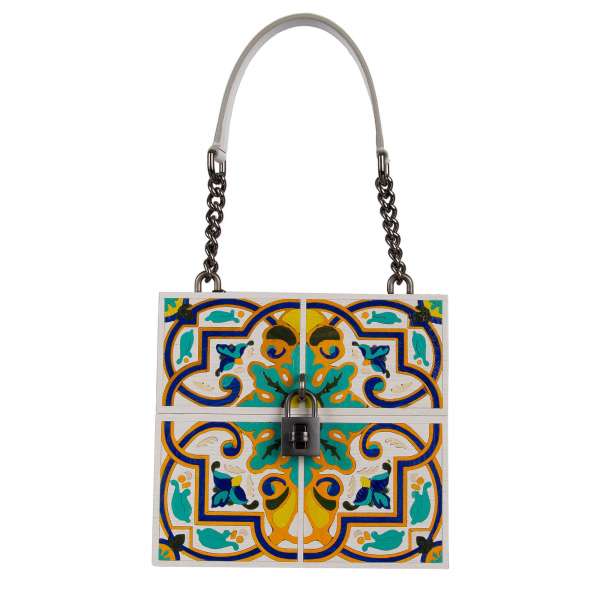 Unique handmade and Majolica painted Wooden bag / handbag DOLCE BOX with decorative padlock in white blue by DOLCE & GABBANA