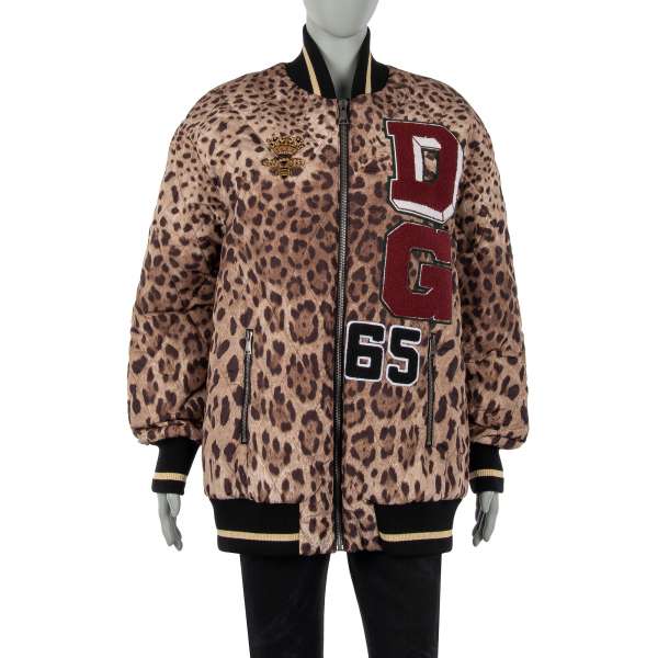Stuffed Oversize Bomber Winter Jacket / Parka with leopard print, bee and crown embroidery and DG Logo application by DOLCE & GABBANA Black Line