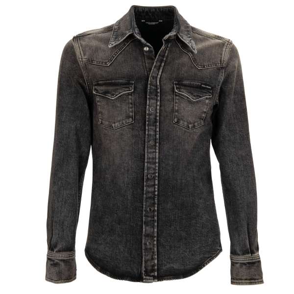 Jeans / Denim shirt with DG metal Logo plate and two front pockets in gray by DOLCE & GABBANA