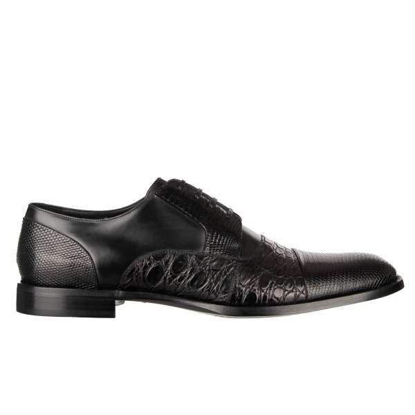 Exclusive formal patchwork derby shoes NAPOLI made of Varan, Caiman and Calf Leather in black by DOLCE & GABBANA