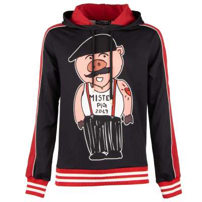 Hoody Sweater Sweatshirt with Sicilian Mister Pig Print Black