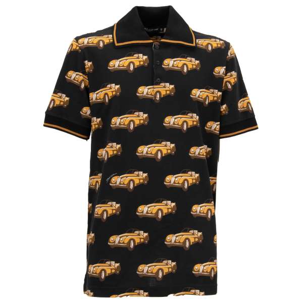 Cotton Polo Shirt with oldtimer cars print in black by DOLCE & GABBANA