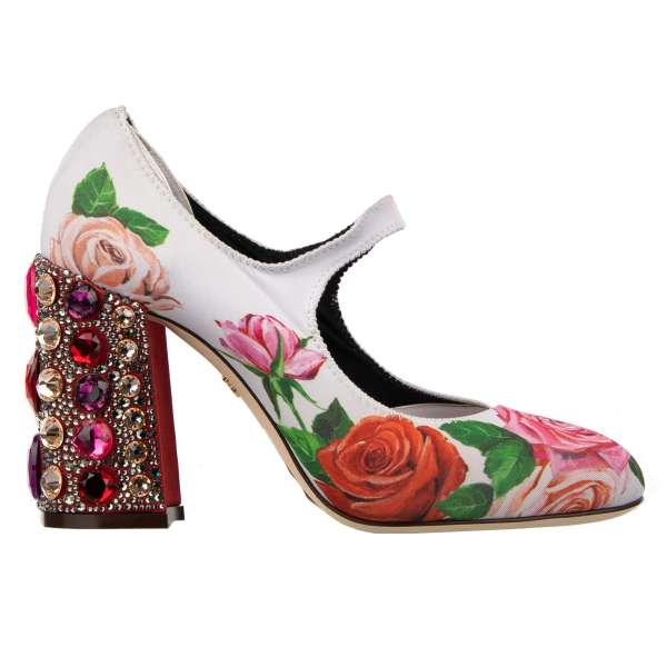 High Heel Pumps VALLY aus Leder und Stoff mit Rosen Print und Kristallen beschmückten Absatz in Pink und Weiß von DOLCE & GABBANA 